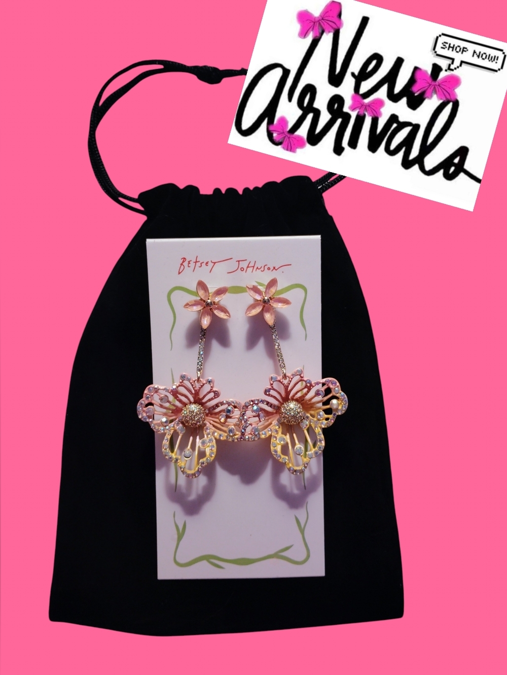 💎🩷🌸*Betsey Johnson* GARDEN GLAM Openwork FLOWER Crystal Drop Earrings💎🌸🩷